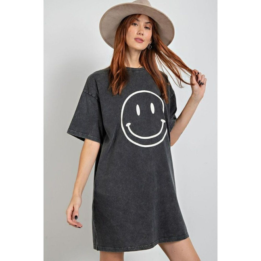 Easel Womens Smiley Face Happy Oversized Dress Top in Black S-L ED18419